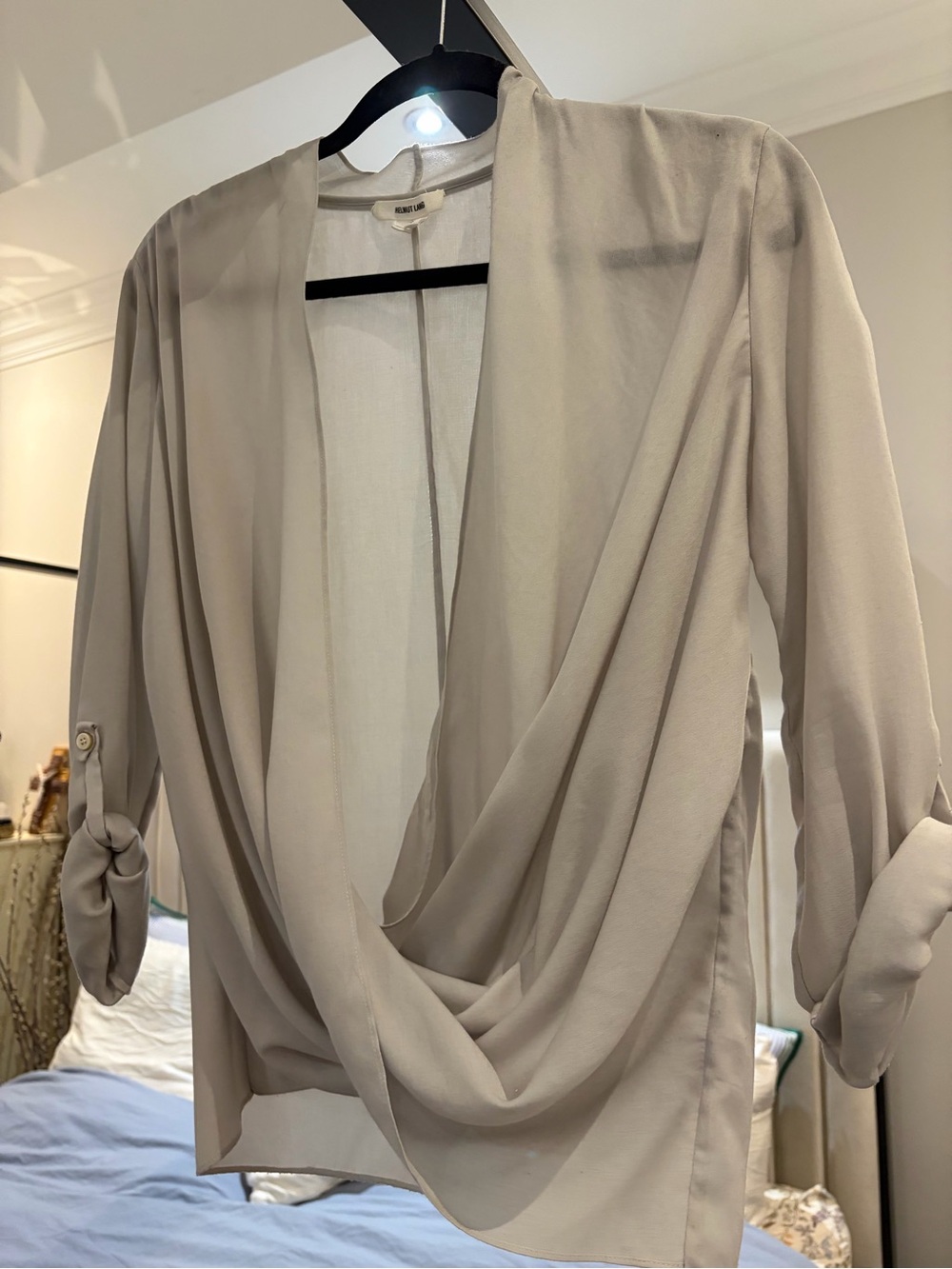Helmut Lang Taupe Draped Open-Front Blouse